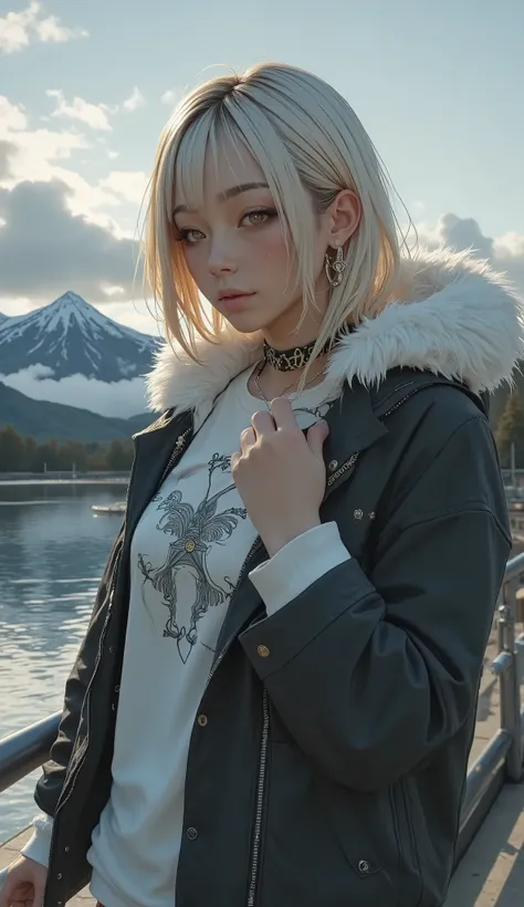 long, platinum blonde hair stands beside a calm body of water, , which draws attention with its texture. An individual is wearing a dark jacket adorned with a furry hood, brightly colored hair fading into a quiet background of mountains and sky. A black ch...