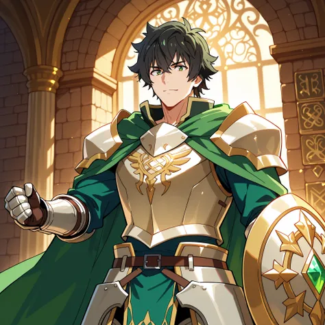 Anime-style fantasy illustration, vibrant and detailed lighting.
Naofumi Iwatani from The Rising of the Shield Hero, depicted as a tall man with messy black hair, sharp green eyes, and a ruggedly handsome, masculine face.
He wears the Blessed Armor —a maje...
