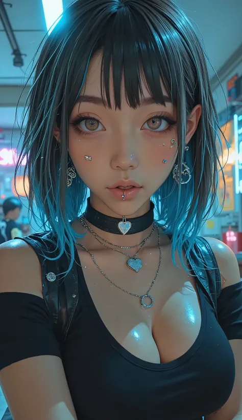The individual has shoulder-length dark hair with striking blue highlights on both ends. Multiple piercings, There are also . They are wearing a black choker necklace with a metallic heart in the center, add a touch of edgy style. The individual is wea...