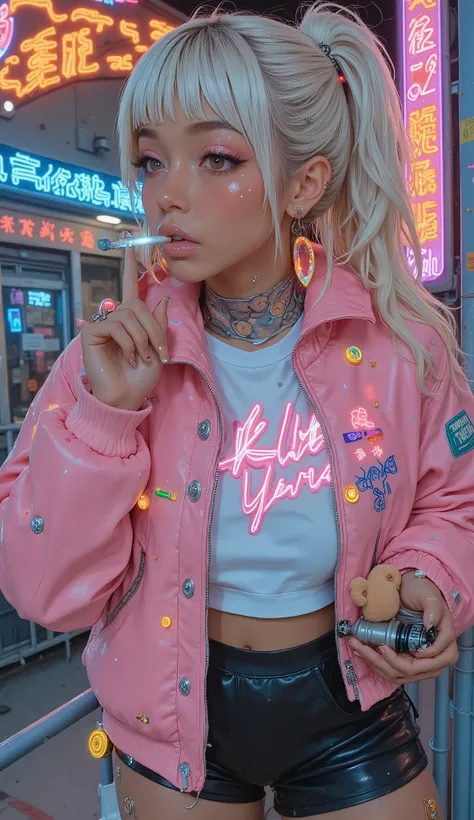 Blond woman in a pink jacket smoking a cigarette in front of a building, L. A. ring, whitebangs, BLACKPINK LISA MANOVAN, Alexandra Waliszewska, Ancient Chinese Hanfu , profile picture, ノーズring, she's streetwear, Roseanne Park(BLACKPINK), Billie Eilish, ...