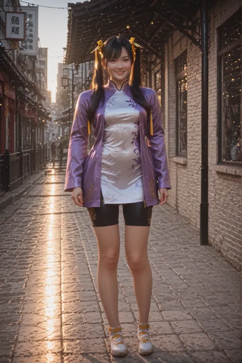 masterpiece, best quality,1girl, solo, Ling Xiaoyu, long hair, black hair, twin tails, brown eyes, Asian, shirt, long sleeves, hair ornament, ribbon, hair ribbon, open clothes, shorts, open jacket, purple jacket, purple shorts, Chinese clothes, short dress...