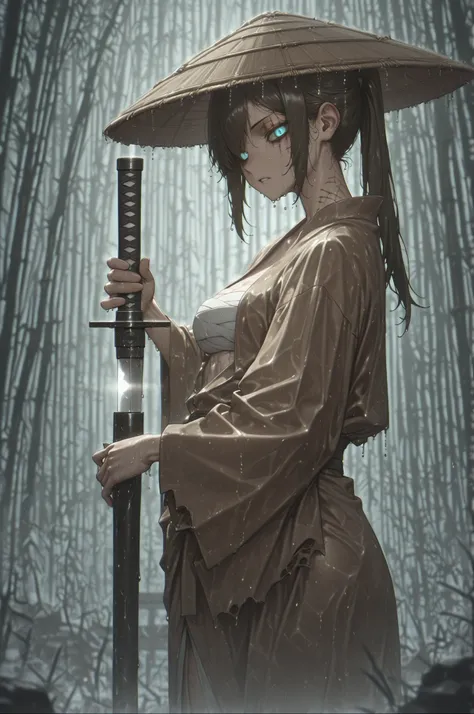 holding sword unsheathing, sword cane:1.5, One Sword, torn clothes:2, wearing a tattered light brown kimono:2, A tall beautiful woman with an eye wound:1.5, long ponytail, dark haired:1.3, wet:1.5,  Wearing a traditional Japanese bamboo hat, bamboo forest:...