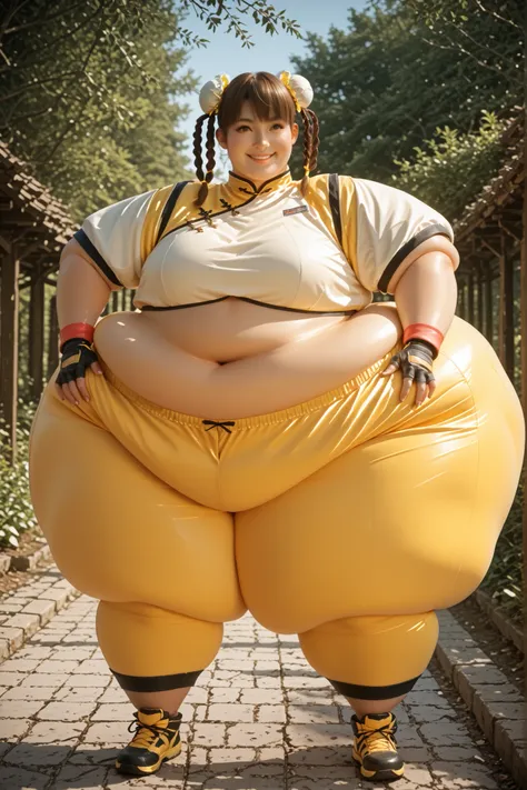 masterpiece, best quality, girl, solo,LeiFangDOA, brown hair, twin braids, double bun, bun cover, crop top, yellow leggings, short sleeves, fingerless gloves, ,full body,  hyper fat, hyper obese, outdoors, smile