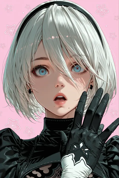 (2b \(nier:automata\),) artist:yd \(orange maru\):0.5,artist:ningen mame:0.65,artist:dishwasher1910:0.55,cover image,
1girl,solo,looking at viewer,black hairband,blue eyes,white hair,closed mouth,upper body,jewelry,earrings,:o,surprised expression:0.25,op...