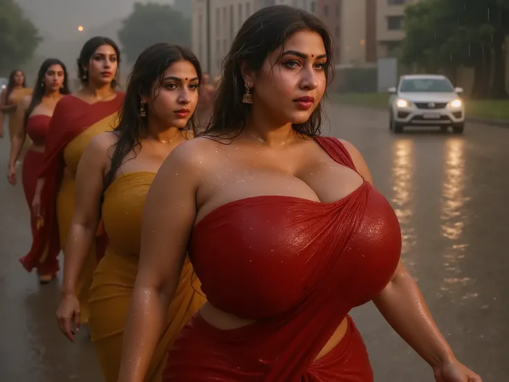 Busty indian curvy women walking in rain side profile