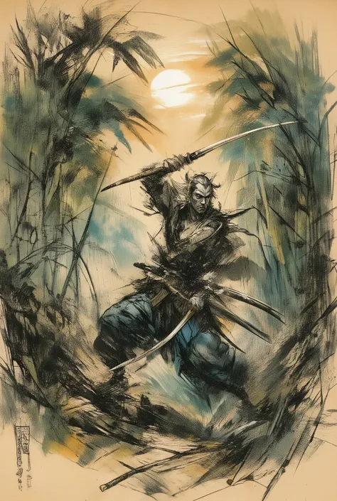 A masterpiece Ukiyo-e woodblock print, style of Katsushika Hokusai and Utagawa Kuniyoshi. A dynamic scene of a lone ronin (samurai) in a dense bamboo forest at dawn. The warrior is captured mid-movement, performing a swift, spinning sword strike (iaijutsu ...