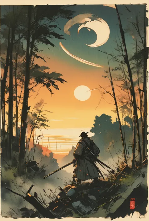 A masterpiece Ukiyo-e woodblock print, style of Katsushika Hokusai and Utagawa Kuniyoshi. A dynamic scene of a lone ronin (samurai) in a dense bamboo forest at dawn. The warrior is captured mid-movement, performing a swift, spinning sword strike (iaijutsu ...