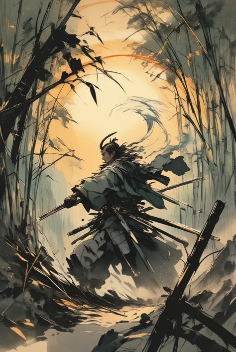 A masterpiece Ukiyo-e woodblock print, style of Katsushika Hokusai and Utagawa Kuniyoshi. A dynamic scene of a lone ronin (samurai) in a dense bamboo forest at dawn. The warrior is captured mid-movement, performing a swift, spinning sword strike (iaijutsu ...