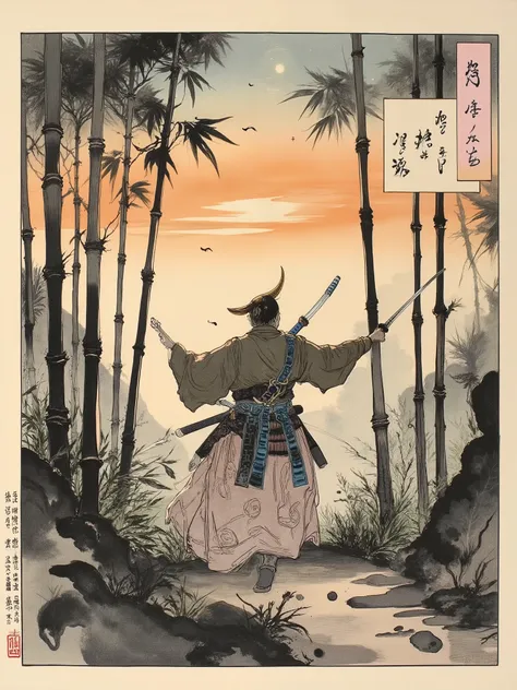 A masterpiece Ukiyo-e woodblock print, style of Katsushika Hokusai and Utagawa Kuniyoshi. A dynamic scene of a lone ronin (samurai) in a dense bamboo forest at dawn. The warrior is captured mid-movement, performing a swift, spinning sword strike (iaijutsu ...