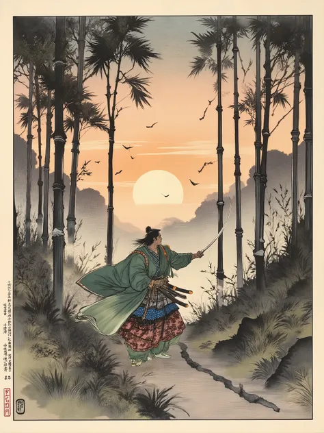 A masterpiece Ukiyo-e woodblock print, style of Katsushika Hokusai and Utagawa Kuniyoshi. A dynamic scene of a lone ronin (samurai) in a dense bamboo forest at dawn. The warrior is captured mid-movement, performing a swift, spinning sword strike (iaijutsu ...