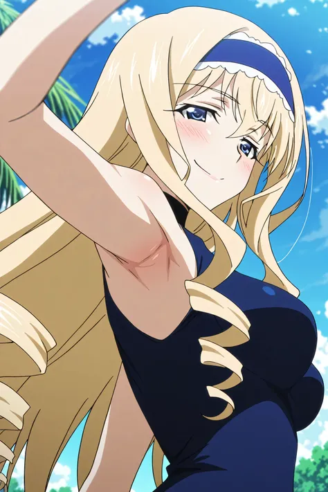 masterpiece, best quality, amazing quality, anime screencap, anime coloring, 1girl, solo, cecilia alcott, blonde hair, long hair, drill hair, blue eyes, medium breasts, blue hairband, frilled hairband, blue leotard, impossible leotard, sleeveless turtlenec...