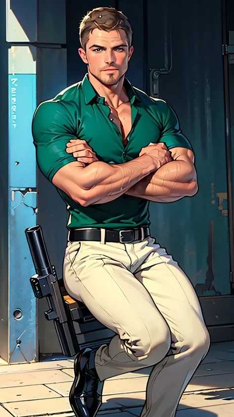 vpl,vpl,1 man, male focus solo,45 yo man, (((Stephen AMELL as private investigator))), lean muscle, open blue shirt, marine blue jeans with brown belt ,( bulge), full body shot, dark blond short hair, BLUE GREEN EYES , well groomed facial hair, (((( HANDS...