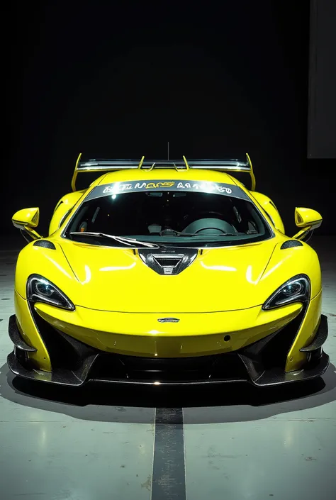 neon yellow McLaren F1 GTR,auto show booth, professional photography, dark background, directional lighting, winkpunk