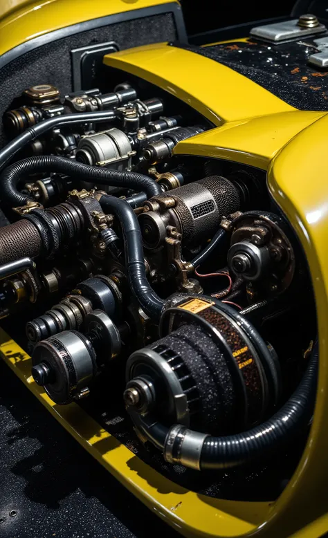 industrial art poster of a McLaren F1 GTR, macro shot of the rear diffuser and engine bay, neon yellow accents against raw steel and carbon fiber textures, dramatic side studio lighting highlighting textures, grunge, techno aesthetic