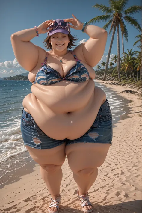 1girl, solo, best quality, masterpiece,Miharu, bracelet, outdoors, shorts, brown hair, palm tree, smile, heart-shaped eyewear, solo, denim, day, exposed naval, sexy pose, hat, bra, arms raised, winking, full body, smile, hyper fat, hyper obese, outdoors, b...