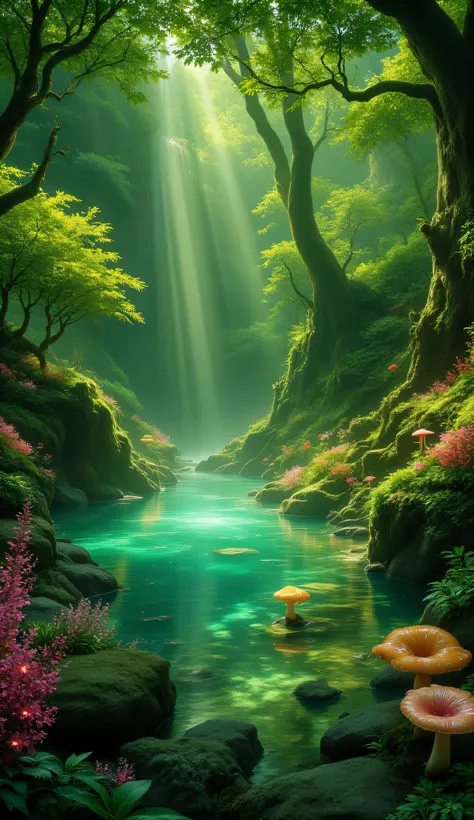 A hidden mountain spring surrounded by glowing mushrooms, soft green light reflecting on the water, as magical creatures watch from the shadows. hyperrealistic, ultra details, ultra quality, HDR, 8K, clear photo, vivid color, natural beauty
