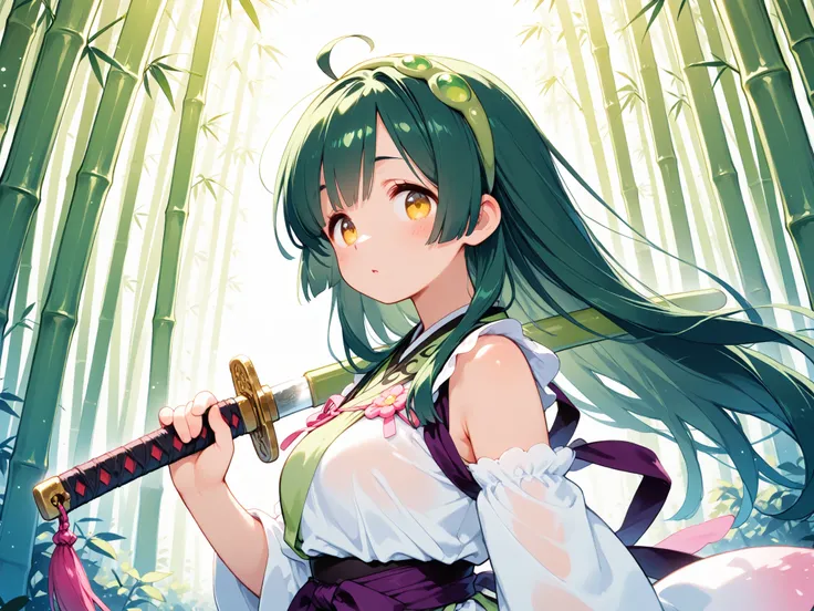 Tohoku Zunko、holding a Japanese sword、Bamboo forest background、Traditional Outfit、Fine Sword Details、Dynamic Poses、 Lush Bamboo Grove 、natural light、sunlight filtering through the trees、artistic composition、Deep Shadow、Clear texture 、high resolution、Master...