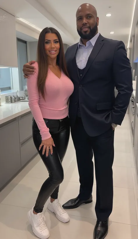 Kim Kardashian with Long brown hair ,  pink Pullover und bauchfrei ,  ,  ,in very tight black leather pants and white sneakers , Kim is standing in a modern kitchen, Next to Kim is a large muscular African man in a suit   , Kim is only half as tall as the ...