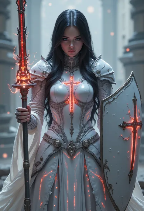 Super realistic style, god-level work, highest image quality. (((Full of mechanical feeling))), a medieval white crusader female knight, with long sleek black hair, a beautiful girl, (((a delicate and multi-layered heavy mechanical armor))), wearing white ...