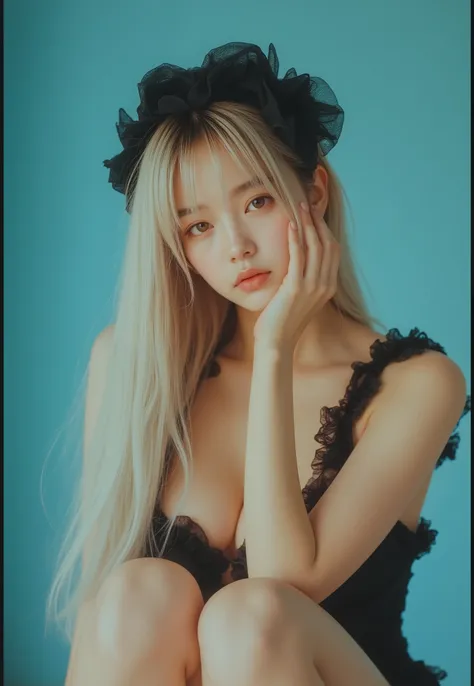 masterpiece(8k, super high resolution on a pile, フォトrealistic, realistic:1.4), (photo-realistic lighting), She is a Japanese woman、long hair with white blond hair trimmed、straight hair that goes below the chest、Clothes made of black ruffle lace fabric、(cut...