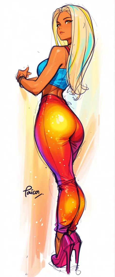 a stylized, The colorful image depicts a female figure, standing in a dynamic. She has a long , with flowing blond hair, cascade flow down her back, with a bright combination of yellow and turquoise highlights. Her athletic physique is accentuated by a bl...