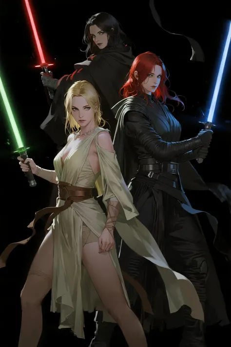 Subject/Composition: Black and white (monochrome), ultra-detailed, cinematic portrait of Three sexiest characters in revealing dress (half-bust:1.2), (1)a Jedi blonde woman with green lightsaber, (2)a Sith brunette woman with red lightsaber (3)a Jedi red h...
