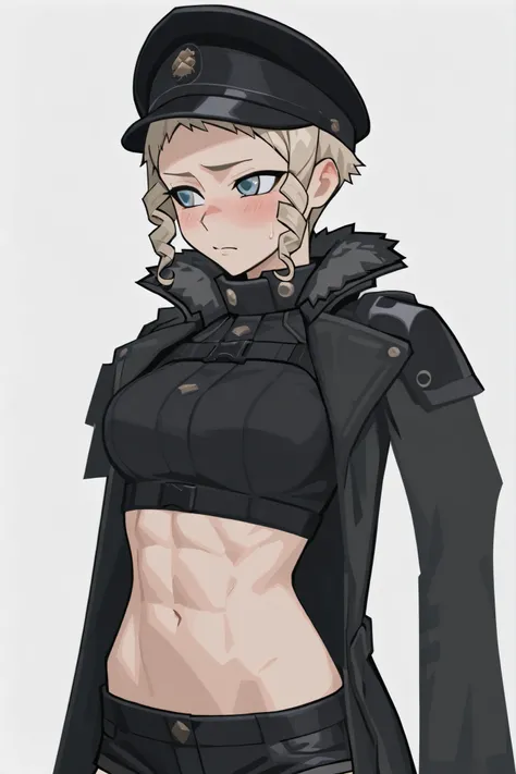 yanger girl,brutal face, ((upper body)),black tight blouse, black short shorts, nothing holds,bare forehead, ((very short hair)), high definition, light-blue eye, detailed face , action,(medium Breasts), blush, looks away, (shy), 1girl, (testgirl), beautif...