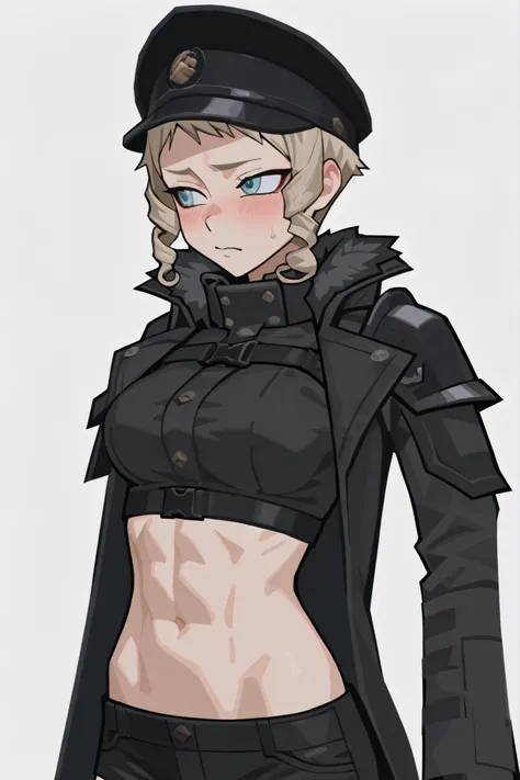 yanger girl,brutal face, ((upper body)),black tight blouse, black short shorts, nothing holds,bare forehead, ((very short hair)), high definition, light-blue eye, detailed face , action,(medium Breasts), blush, looks away, (shy), 1girl, (testgirl), beautif...