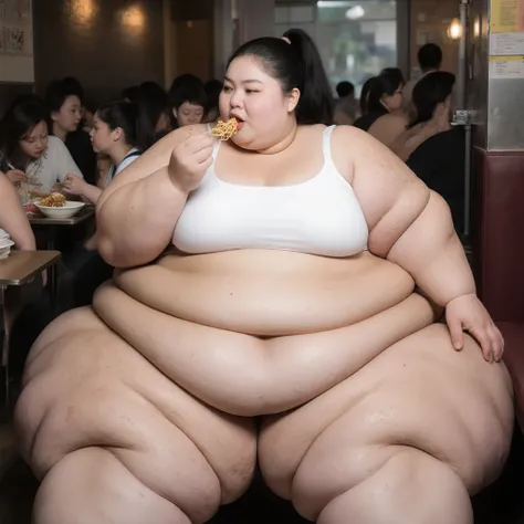 A highly detailed photorealistic photo of the most extremely fat, astronomically oversized, beautiful teenage plus-sized woman imaginable sitting in a full body shot. She is an ultra-morbidly obese, hyper SSBBW weighing over 2000 pounds, a USBBW with fat r...