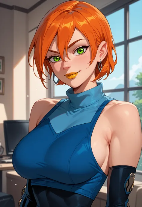 woman, green eyes, orange hair, big breasts, anime style, yellow lipstick, Gwen, white skin, sensual smile 