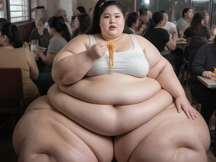 A highly detailed photorealistic photo of the most MORBIDLY OBESE, PLUS-SIZED, SSBBW, beautiful teenage woman imaginable sitting in a full body shot. She is an ultra-morbidly obese, hyper SSBBW weighing over 2000 pounds, a USBBW with fat rolls everywhere, ...
