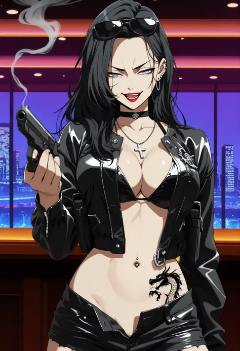 YumiLeeV1, black hair, , grey eyes,
  , ear piercing, long hair, , lipstick, Hot girl, baddie, smoking, sensual, attractive , cross necklace, choker,jewelry, bar background, inside bar,indoors, cityscape, casino, nightclub, city lights,,masterpiece, best q...