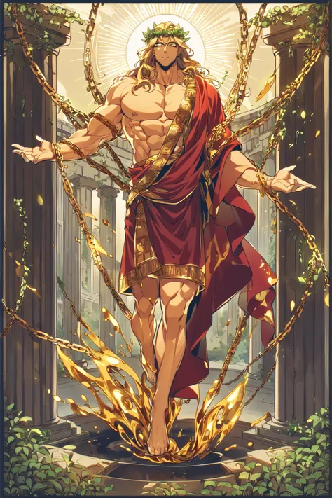 (muscular,muscular male,large pectorals) Ancient greek God, middle-edged man (male character). He has tall mighty, muscular, broad-shouldered body shape with masculine features. He has metallic gold skintone. He covered with melted gold liquid. (He chaine...