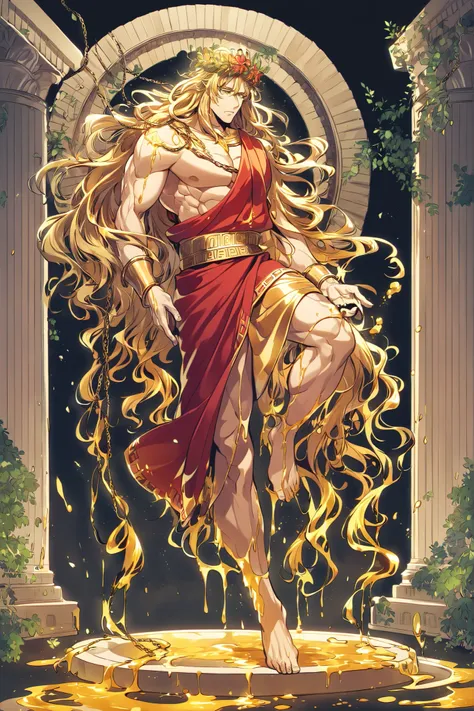 (muscular,muscular male,large pectorals) Ancient greek God, middle-edged man (male character). He has tall mighty, muscular, broad-shouldered body shape with masculine features. He has metallic gold skintone. He covered with melted gold liquid. (He chaine...