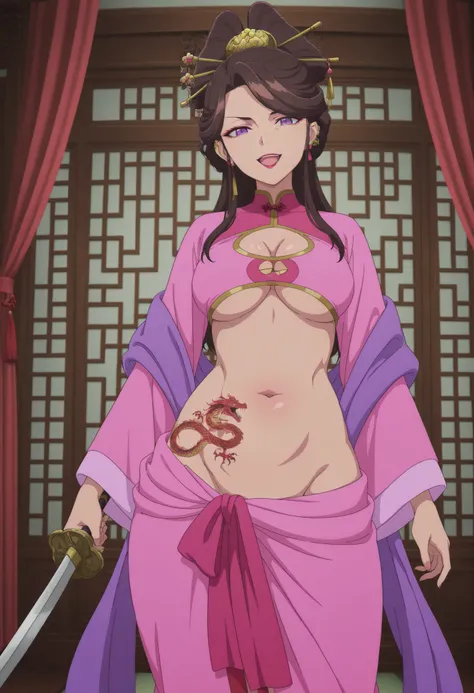 masterpiece, best quality, amazing quality, 1girl,
 KJOasis, brown hair, purple eyes, half updo, double hair bun, hair ornament, swept bangs, lipstick, hair stick,
Pink kimono, purple shawl, wide sleeves, 
, serious,  looking at viewer, slim belly,
east as...