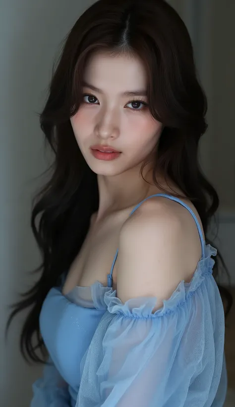 Redhead, Mui , Scrub arm posture, white women, supernatural beauty, Portrait of a Female with a Soft but Icy Appearance, Feminine Face, 19 years old, Black eye, She looks beautiful. She wore a blue dress with floral print,long black hair, shiny, soft, with...