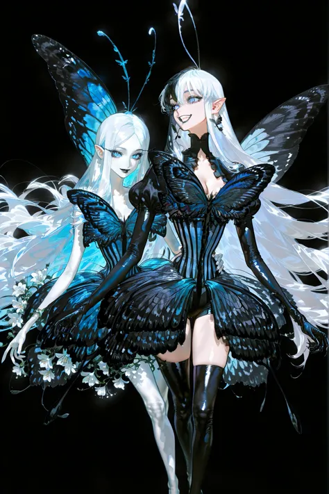 (SPLIT-COLOR HAIR,MIX OF BLACK AND WHITE HAIR,) Dark faèrie-girl. She has an asthenic skinny flat-chested physique, she has long elegant swan neck,clawed six-fingered limbs,long pointy ears. She has huge sharp pitch black butterfly wings. She has elegant c...