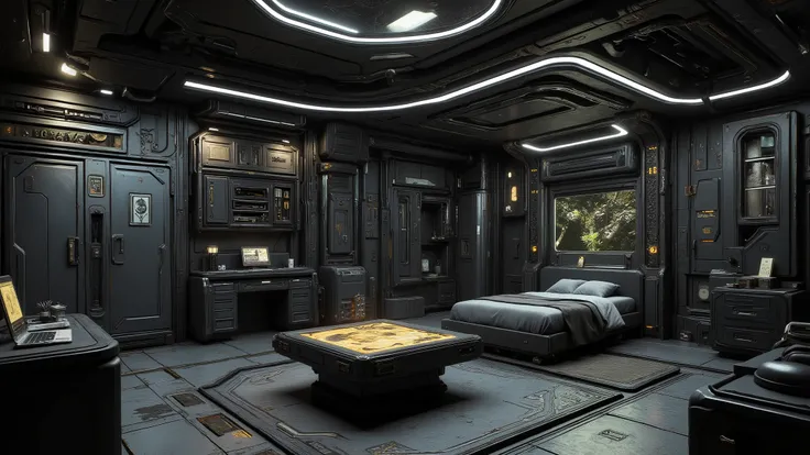 ((Best quality)), ((masterpiece)): Create bedchamber in a palace on Terra from Warhammer 40K, it's a bedchamer with plain pale black color mix scifi style, has a one bed and desk, holographic table in the middle of the room, Military style closet built int...