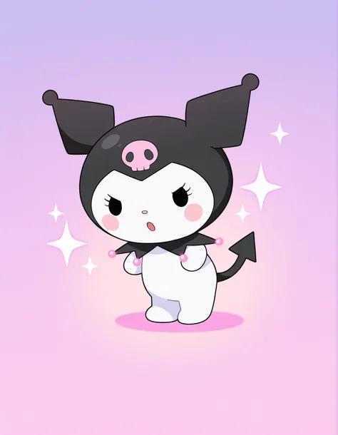 kuromi, dot eyes, skull print, tail, black eyes, chibi,, (lovely effect), sparkles, glowing hearts, pastel glow, kawaii, cute, kawaii,