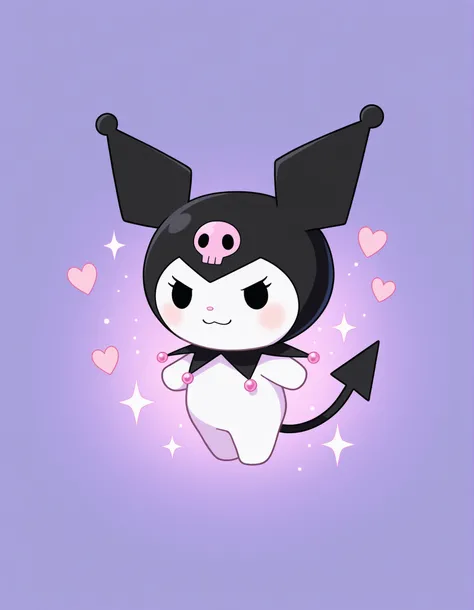 focus kuromi, dot eyes, skull print, tail, black eyes, chibi,, (lovely effect), sparkles, glowing hearts, pastel glow, kawaii, cute, kawaii,