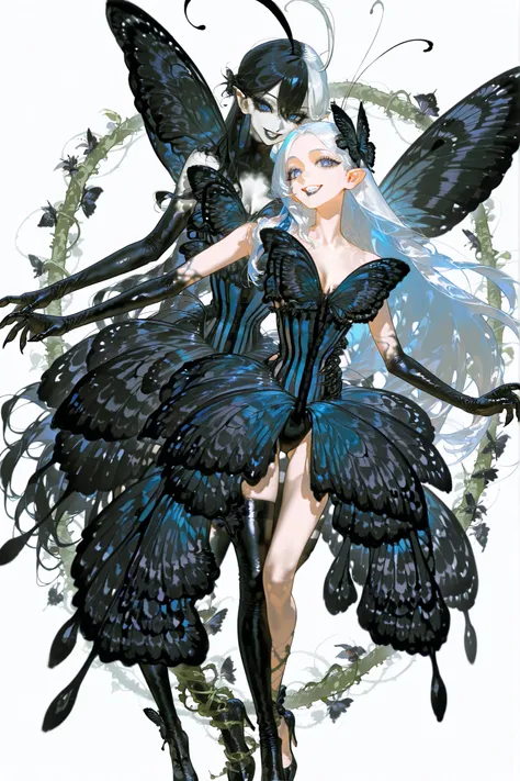 (SPLIT-COLOR HAIR,MIX OF BLACK AND WHITE HAIR,) Dark faèrie-girl. She has an asthenic skinny flat-chested physique, she has long elegant swan neck,clawed six-fingered limbs,long pointy ears. She has huge sharp pitch black butterfly wings. She has elegant c...