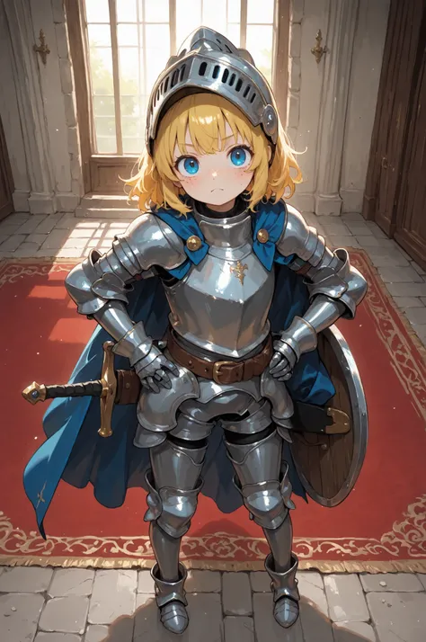 1girl, knight, plate armor, helmet, gauntlets, armored boots, high angle, blonde hair, wavy hair, helmet with a visor, visor up, blue eyes, freckles, evil smile, frown, grey armor, blue cape, shield, sword on belt, sword in sheath, full armor, strong, stan...