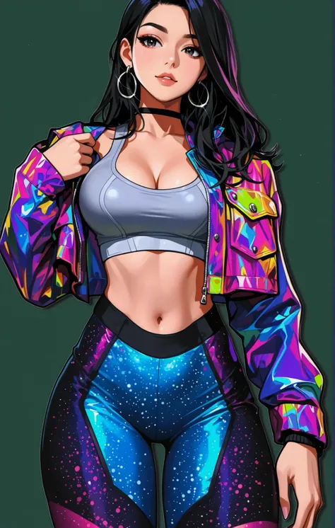 The image shows a woman with an athletic build, she is wearing a bright and eye-catching outfit. shimmering in the light, her black hair falls on her shoulders, , that contrasts sharply with the dark green. She wears hoop earrings and a black necklace, st...