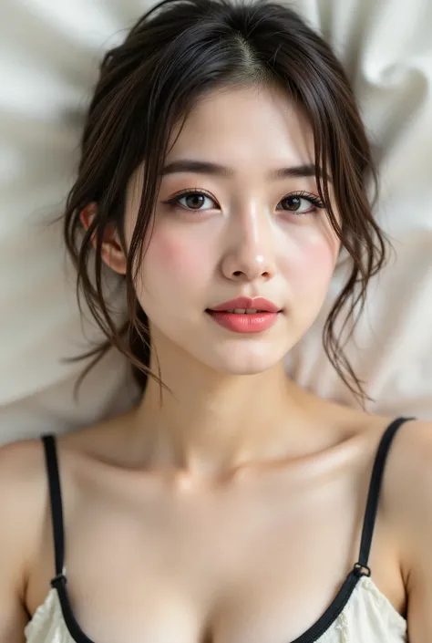 Ultra-realistic portrait photography, front-facing close-up shot from collarbones up. Camera positioned at eye level, focal length 85mm, aperture f/2.2, ISO 100, shutter 1/125. Subject centered, shoulders slightly angled (≈15–20°), head facing directly tow...