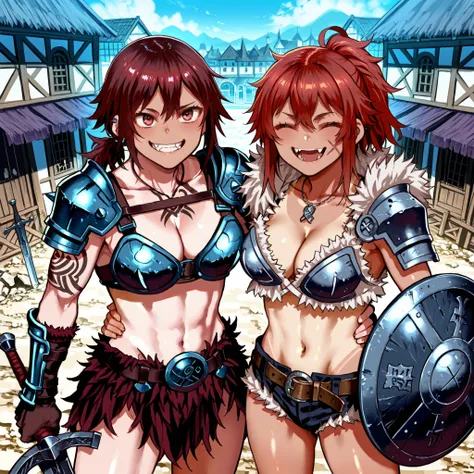 score_9_up , score_8_up , score_7 , Fantasy world, Town Square, Two women stand side by side, teisou_kannen_zero_no_onna_tomodachi_style, viewers,(onna_tomodachi, tanned skin, tan-lines, red hair ponytail hair, messy bangs),(sumire_nakanita, low ponytail, ...
