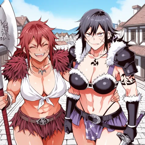 score_9_up , score_8_up , score_7 , Fantasy world, Town Square, Two women stand side by side, teisou_kannen_zero_no_onna_tomodachi_style, viewers,(onna_tomodachi, tanned skin, tan-lines, red hair ponytail hair, messy bangs),(sumire_nakanita, low ponytail, ...