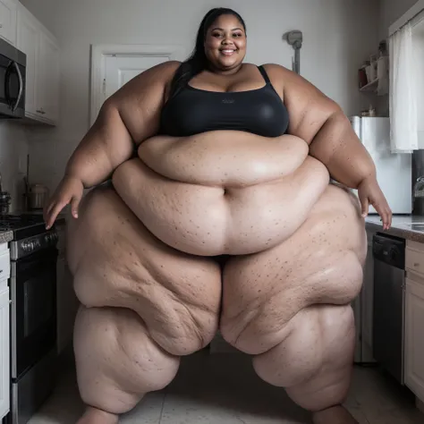 A photorealistic, full-body photograph of the most extremel morbidly oBESE, extremely PLUS-SIZED, SSBBW, beautiful teenage woman ima SSBBW black woman imaginable, a true behemoth weighing well over 2000 pounds, her immense frame utterly engulfed by endless...