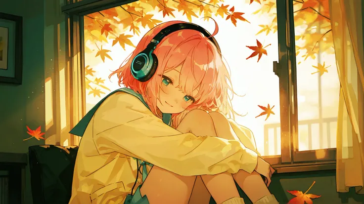 Anime girl sitting by the window with falling autumn leaves outside, wearing headphones, dreamy pastel Lo-fi aesthetic, soft focus lighting, gentle smile”