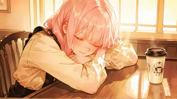 “Anime girl with gentle eyes, sitting at an antique café table, coffee cup beside her, vintage mood, warm pastel lighting, emotional close-up shot”