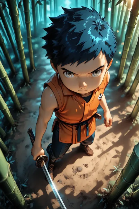 1boy,male focus,henry wong, blue hair, grey eyes,orange vest,samurai outfit,swordsman style,holding a sword, left hand down,Standing right hand parallel to the sword,detailed face, detailed eyes,intense eyes,full body,from above,outdoors,bamboo forest,BREA...